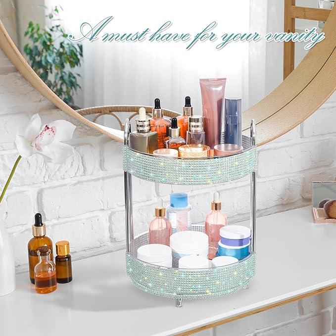 Honeydak 360 Rotating Perfume Organizer Rhinestone Bathroom Counter Organizer Makeup Holder with 2 Tiers Skincare and Perfume Storage, Large Capacity Vanity Storage for Cosmetic Countertop Decor - ModernBath