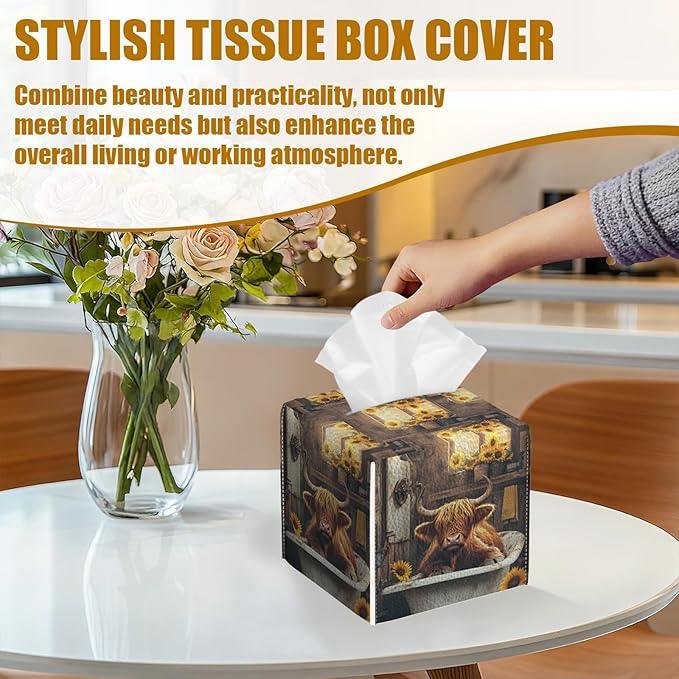 Highland Cow Sunflower Tissue Box Cover 2PCS, Leather Tissue Box Holder Square Facial Paper Case Tissue Box Cube Organizer for Bathroom Bedroom Desk Office - ModernBath