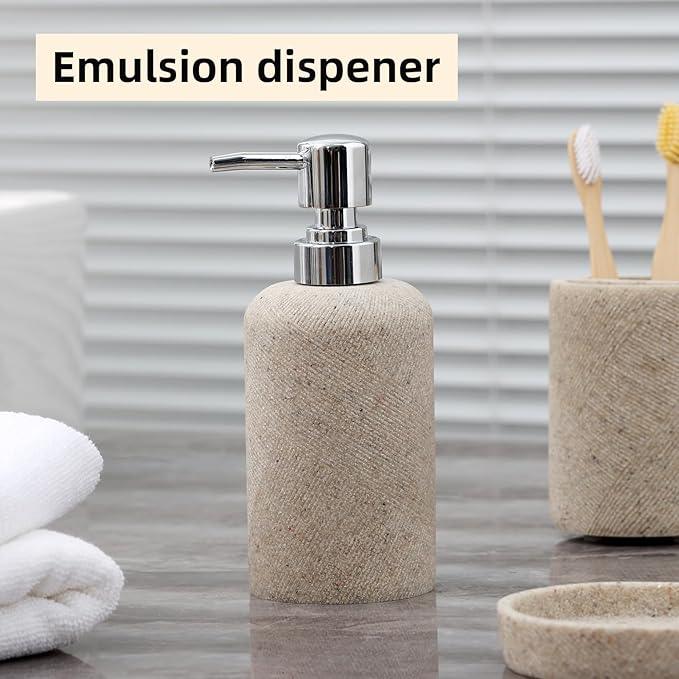 Bathroom Accessories Set, Bathroom Organizer Countertop, Soap Dispenser and Toothbrush Holder, Mouthwash Cup, Tray Set, Vanity Tray for Bathroom, 4 Pieces Modern Decor (Beige) - ModernBath