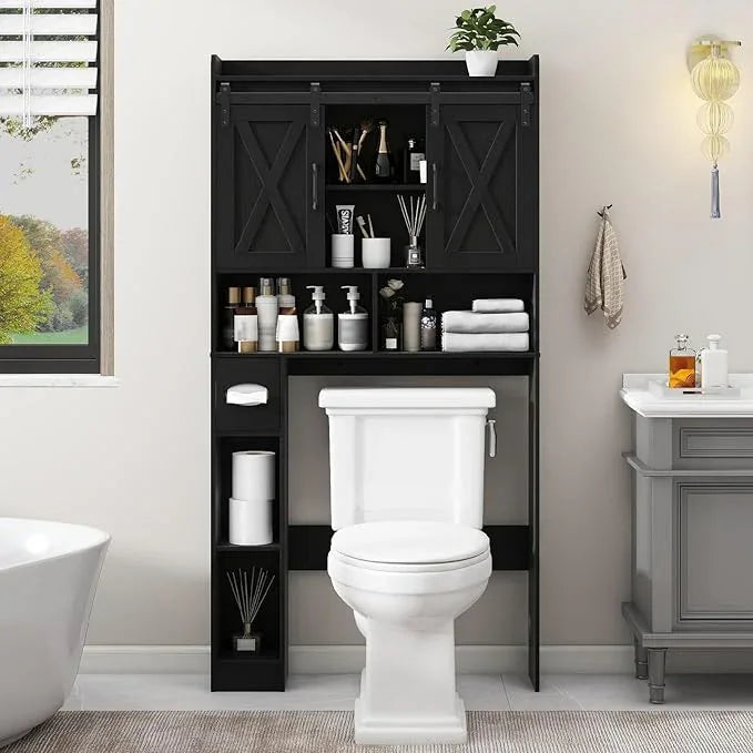 Vabches Over The Toilet Storage Cabinet, Farmhouse Storage Cabinet Over Toilet with Sliding Doors & Toilet Paper Holder Stand，Home Space-Saving Toilet Rack, for Bathroom, Laundry and Restroom.Black - ModernBath