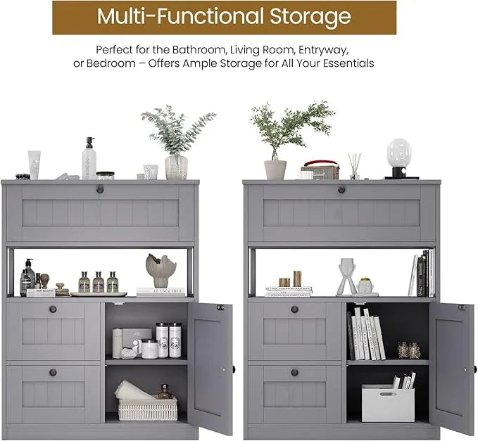 Bathroom Cabinet, Modern Bathroom Floor Storage Cabinet Organizer with 1 Door and 3 Drawers, Freestanding Cupboard for Kitchen/Living Room Use - ModernBath