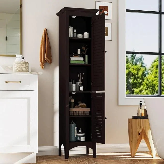 Tangkula 63" Tall Bathroom Storage Cabinet, Freestanding Narrow Linen Tower with Adjustable Shelf, Modern Slim Floor Cabinet with 2 Doors for Bathroom, Living Room, Kitchen (Brown) - ModernBath