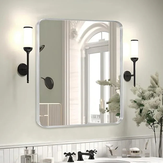 Minuover Silver Metal Framed Bathroom Mirror for Wall, Brushed Nickel Rounded Corner Rectangular Bathroom Vanity Mirror, Anti-Rust, Tempered Glass (30" x 36", Silver) - ModernBath