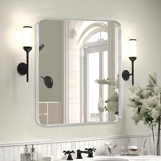 Minuover Silver Metal Framed Bathroom Mirror for Wall, Brushed Nickel Rounded Corner Rectangular Bathroom Vanity Mirror, Anti-Rust, Tempered Glass (30" x 36", Silver) - ModernBath