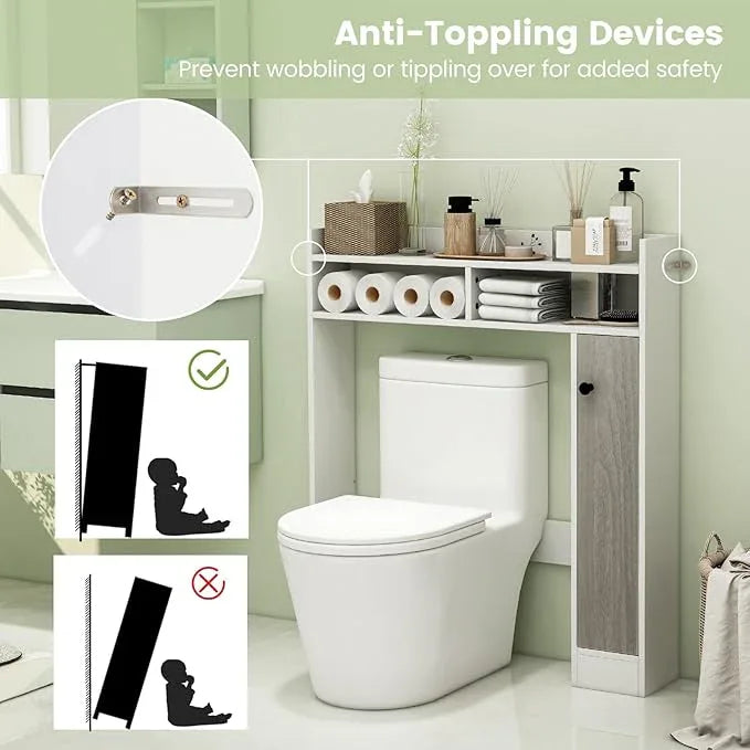 Giantex Over The Toilet Storage Cabinet, Freestanding Bathroom Organizer w/Single Door Cabinet & Open Shelves, Space-Saving Toilet Rack w/Adjustable Shelves for Laundry Room (White) - ModernBath