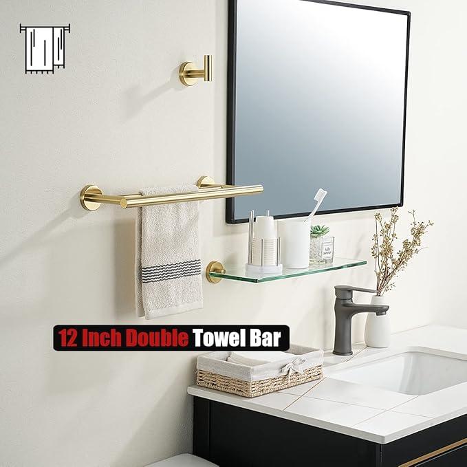 JQK Double Towel Bar Gold, 15 Inch 304 Stainless Steel Thicken 0.8mm Towel Rack Holder for Bathroom Washcloths and Hand Towels, Brushed Gold Wall Mount, Useable Length 12 Inch, TB100L12-BG - ModernBath