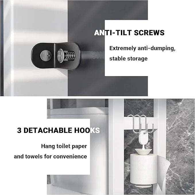Homykic Over The Toilet Storage, Bamboo Over Toilet Bathroom Organizer Rack, Freestanding Bathroom Shelves Above Toilet Storage with 3 Hooks, Bathroom Space Saver, No Rust, Easy to Assemble, White - ModernBath