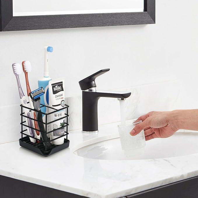 Toothbrush Holders for Bathrooms, Stainless Steel Bathroom Toothbrush Holder Kids Electric Tooth Brushing Holder Stand and Toothpaste Holder for Bathroom Accessories Organizer with Tray, Black (Small) - ModernBath
