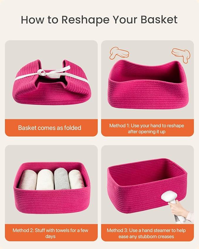 Small Woven Basket, 13.5 x 9.5 x 5 Inches, Storage Basket for Organizing, Cute Small Rope Shelf Closet Cube Storage Bins Baskets for Shelves, Dog Toy Gift Baskets Empty, 3 Packs, Hot Pink - ModernBath