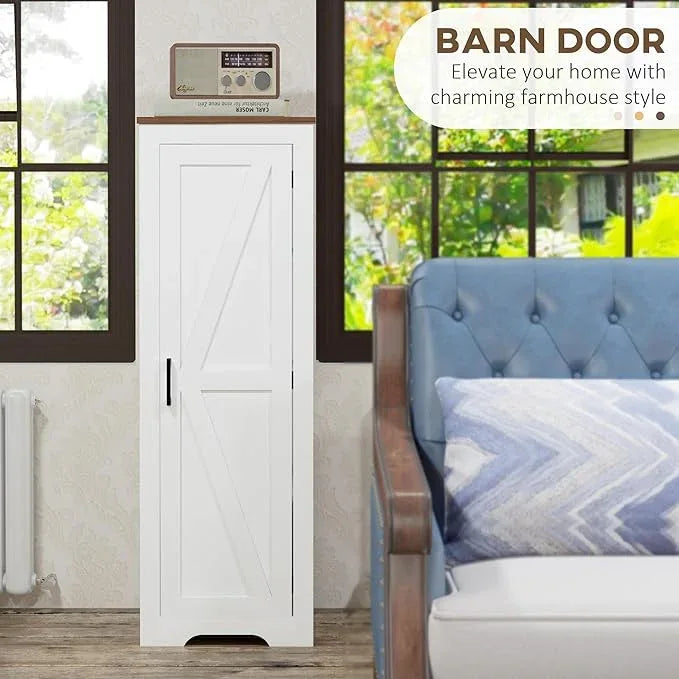 HOMCOM Farmhouse Storage Cabinet with Adjustable Shelf, Single Barn Door Small Bathroom Storage Cabinet for Living Room, Floor Pantry Cabinet, White - ModernBath