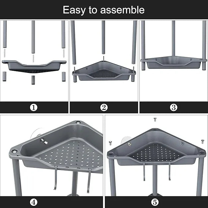 Orimade Rustproof 2 Tier Floor Standing Corner Shower Caddy Organizer, Plastic Metal Splicing Floor Corner Shelf Rack Stands for Bathroom, Grey - ModernBath