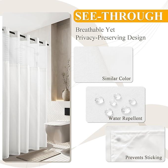 Jowels No Hooks Needed Linen Shower Curtain and Liner Set,White Hotel Luxury Decor Shower Curtains for Bathroom with See Through Top Window,Water Resistant Fabric,72Wx84L,White - ModernBath