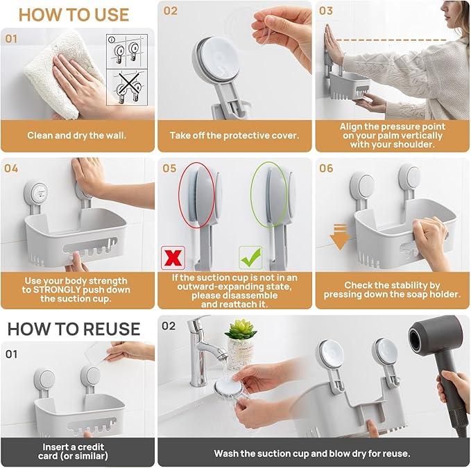 LEVERLOC Shower Caddy Suction Cup, Shower Organizer Removable Bathroom Shelf, Storage Suction Powerful Max Hold 22lbs Bathroom Caddy Waterproof Holder, Gray - ModernBath