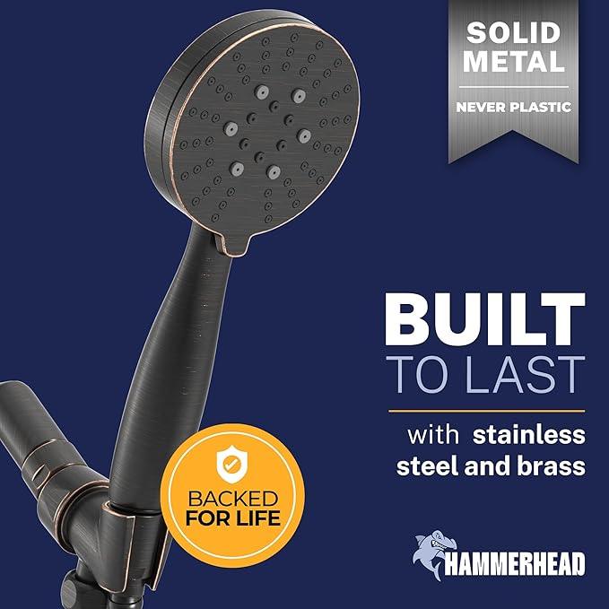 HammerHead Showers® Solid METAL 3-Spray Handheld Shower Head with Long Hose and Holder OIL RUBBED BRONZE - WIDE MASSAGE and MIST Sprays - 1.8 GPM Low Flow Handheld Showerhead -Water Saving Shower Head - ModernBath
