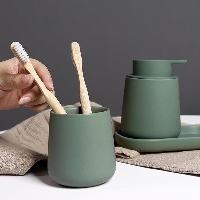 INGOFIN 3 Pcs Ceramic Bathroom Accessory Set - Liquid Soap Dispenser, Toothbrush Holder & Tray, Bathroom Counter Set, Countertop Essentials for Home, Guest Bathroom, or Office Use, Matte Green - ModernBath