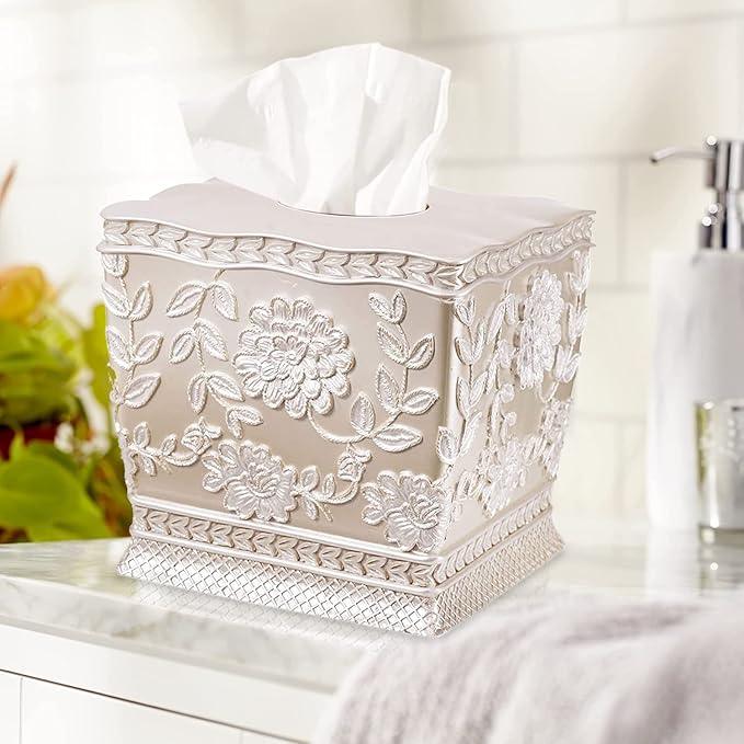 Zahari Home 2pc Rose Vine Bathroom Set Waste Basket & Tissue Cover Modern Classic Decor Stylish Unique Design Beautiful Beige Bathroom Accessories Set - ModernBath