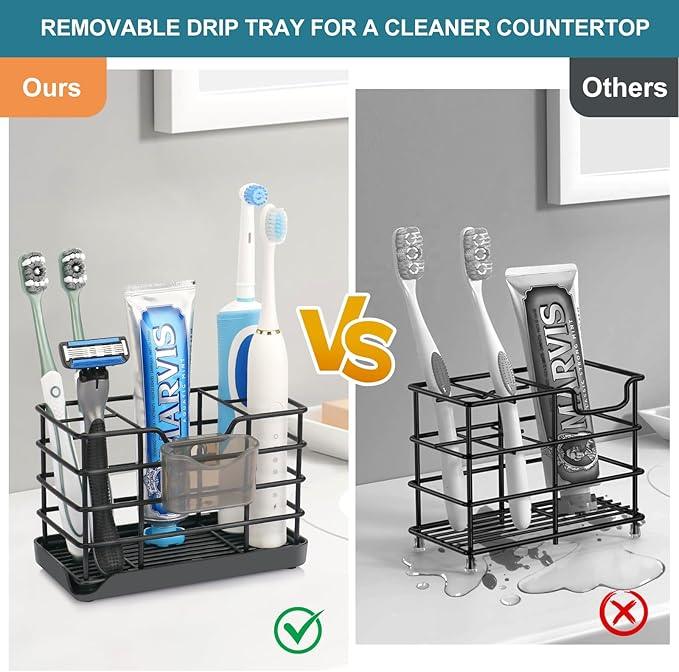Toothbrush Holders for Bathrooms, Stainless Steel Bathroom Toothbrush Holder Kids Electric Tooth Brush Holder and Toothpaste Holder for Bathroom Accessories Organizer with Tray, Multi-Slots (Large) - ModernBath