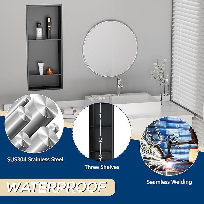 Qeke Stainless Steel Shower Niche 12" X 29", No Tile Needed Wall Niche Three-Tier, Recessed Shower Shelf for Bathroom Storage, Matte Black - ModernBath