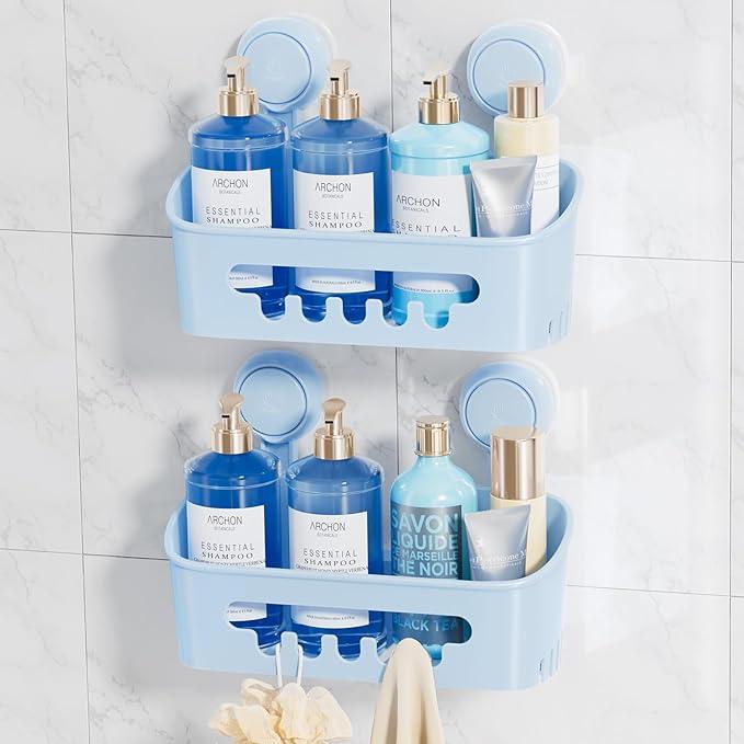 LEVERLOC Shower Caddy Suction Cup 2 Pack, Shower Organizer Removable Bathroom Shelf, Storage Suction Powerful Max Hold 22lbs Bathroom Caddy Waterproof Holder, Blue - ModernBath