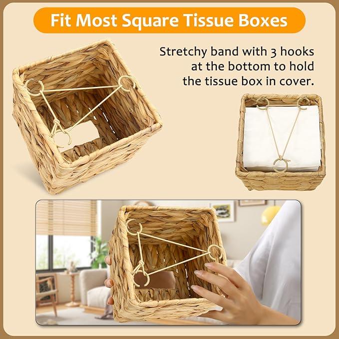 4 Pack Water Hyacinth Tissue Box Cover – Handwoven Rattan Square Holder, Natural Boho Decorative Organizer for Facial Tissues in Bathroom, Living Room, Bedroom & Office - ModernBath