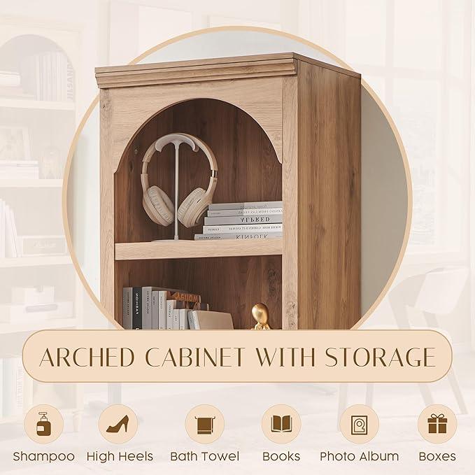 76" Tall Arched Bathroom Storage Cabinet, 5 Tiers Narrow Farmhouse Arched Cabinet w/Adjustable Shelves, Modern Wooden Storage Cabinet for Bathroom, Living Room, Entryway, Study Room (Natural) - ModernBath