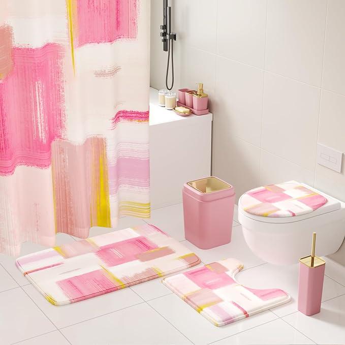 XLHOMO Bathroom Accessories Set - 26PCS Pink Bathroom Set, Bathroom Accessory Set with Shower Curtain and Rugs and Bathtub Mats for Home - ModernBath
