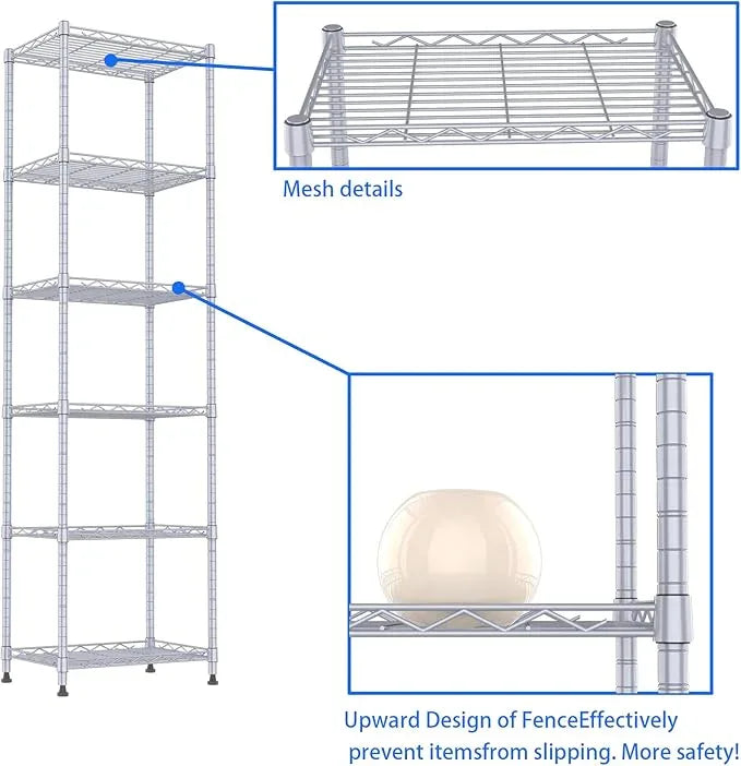 REGILLER 6 Wire Shelving Steel Storage Rack Adjustable Unit Shelves for Laundry Bathroom Kitchen Pantry Closet(Silver, 11.7" D x 16.8" W x 63" H) - ModernBath
