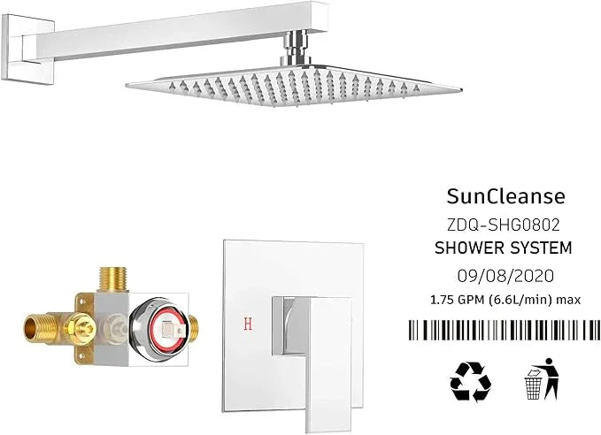 SunCleanse Shower Faucet Set with Valve, 8 Inch Square Shower Head and Handle Set, Single Handle Shower Trim Kit with Extra Long Shower Arm, Polished Chrome - ModernBath