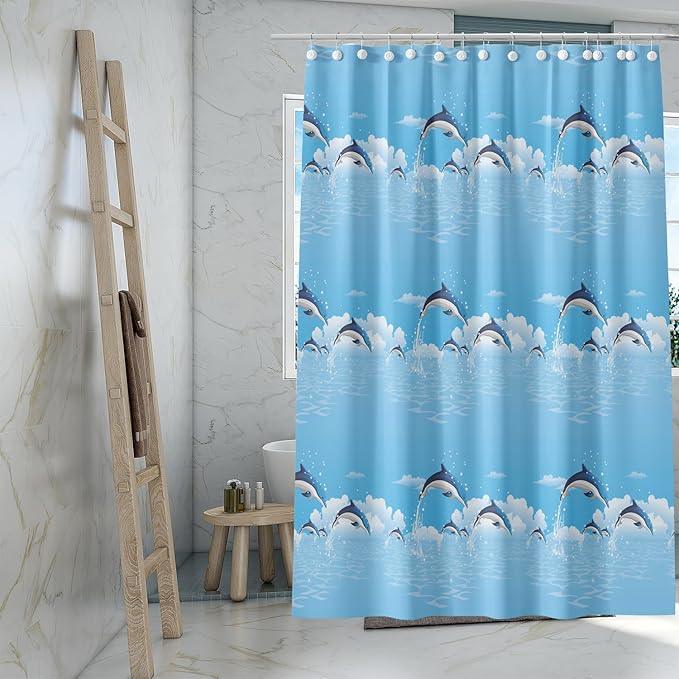 TIKABC Shower Curtain Liner, 4G PEVA Blue Dolphin Shower Liner, Plastic Waterproof Shower Curtains, 72x72 inch with Grommet Holes 3 Magnetic Weights - ModernBath