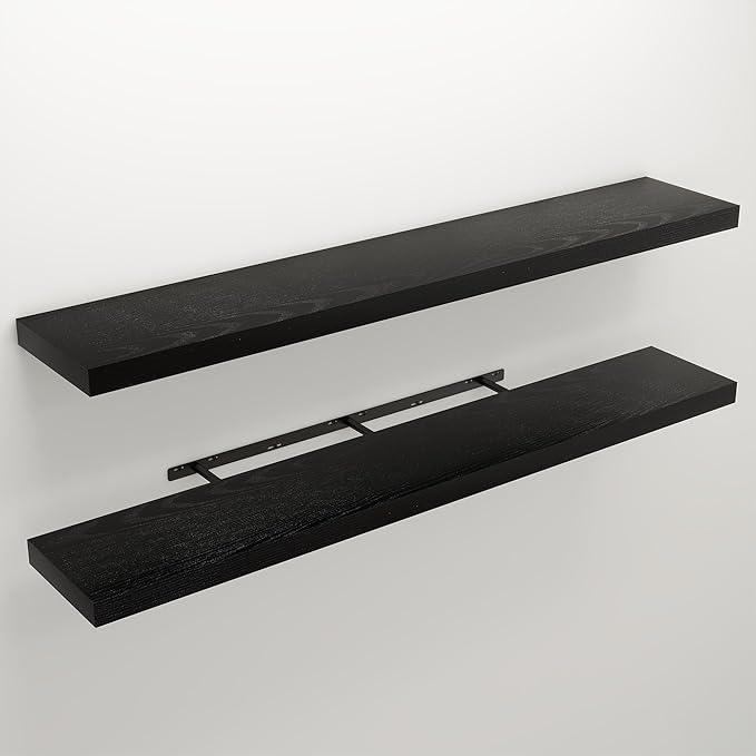 Floating Shelves for Wall, Wall Mounted Rustic Wood Shelves for Bathroom, Bedroom, Living Room, Kitchen, Hanging Shelf for Books/Storage/Room Decor (Black, 55") - ModernBath