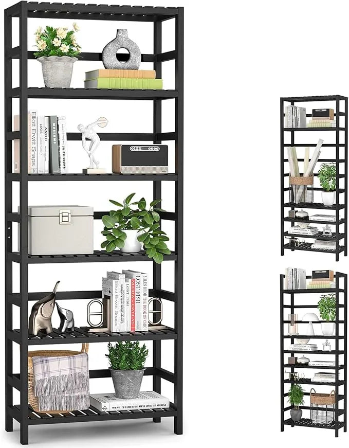 Homykic 6-Tier Bamboo Bookshelves and Bookcases, Adjustable 63.4”Tall Shallow Book Shelf Organizer Rack, Freestanding Storage Shelving Unit for Living Room, Kitchen, Bathroom, Office, Black - ModernBath