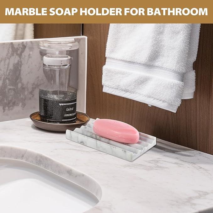 2PCS Koville Italian Natural Marble Soap Dish for Shower, Stone Soap Tray for Bathroom, Bar Soap Holder for Sink, Stripe Grooves Saver Keep Bars Dry Easy Clean (Bianco Carrara) - ModernBath