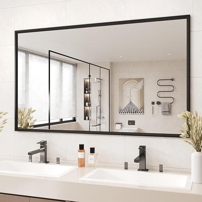 JISOSO Rectangle Bathroom Mirror 60x36 Inch, Matte Black Framed, 4MM Tempered Glass, Anti-Rust, Wall-Mount Vanity Mirror for Bathroom & Bedroom, Hangs Horizontally or Vertically - ModernBath