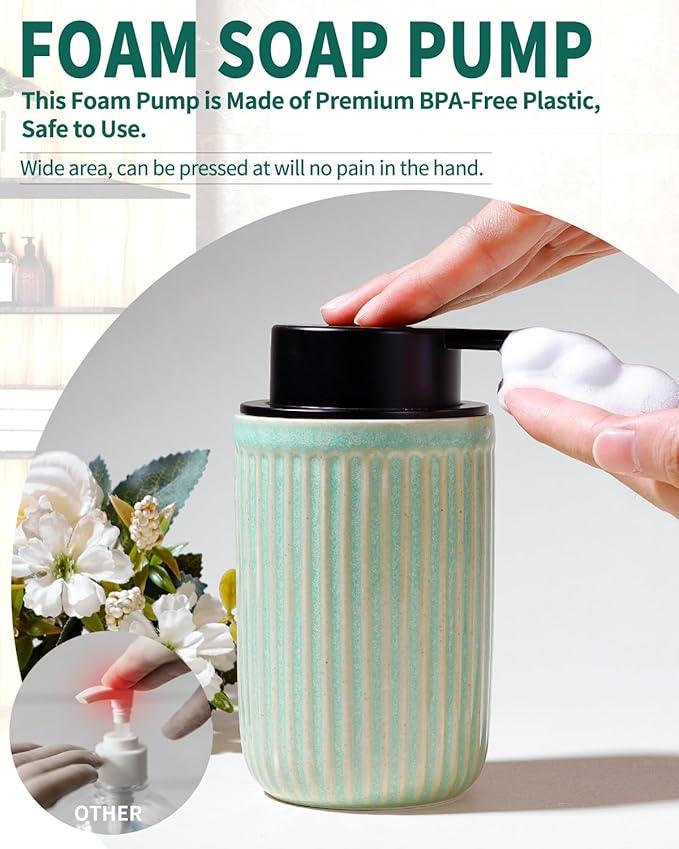 BosilunLife Foam Hand Soap Dispenser - Ceramic Foaming Soap Dispenser for Bathroom 12oz Refillable Liquid Lotion Soap Dispenser with Rust-Proof Foaming Pump for Countertop (Light Green) - ModernBath