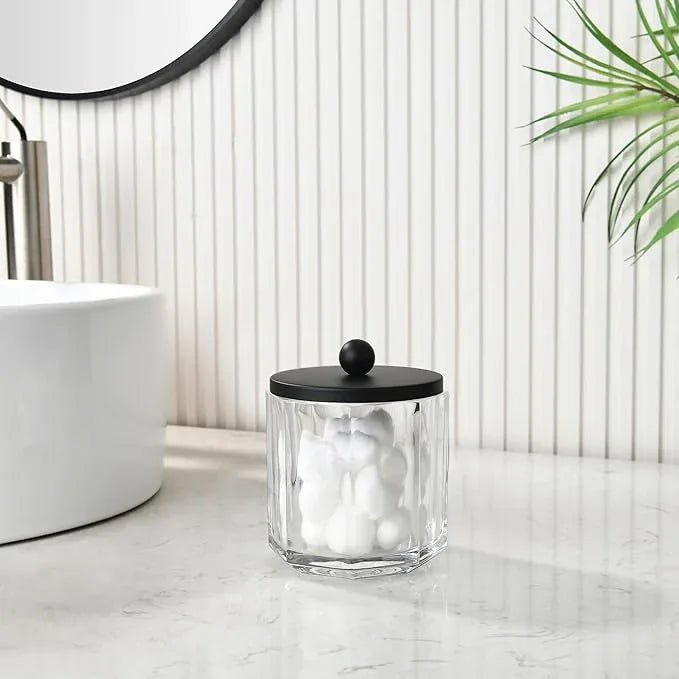 Indecor Home Clear Transparent Apothecary Octagional Shaped Glass Canister Jar With Matte Black Metal Lid Cover for Bathroom Organization, Cotton Balls, Q Tips, and Small Accessories, Bath Storage - ModernBath