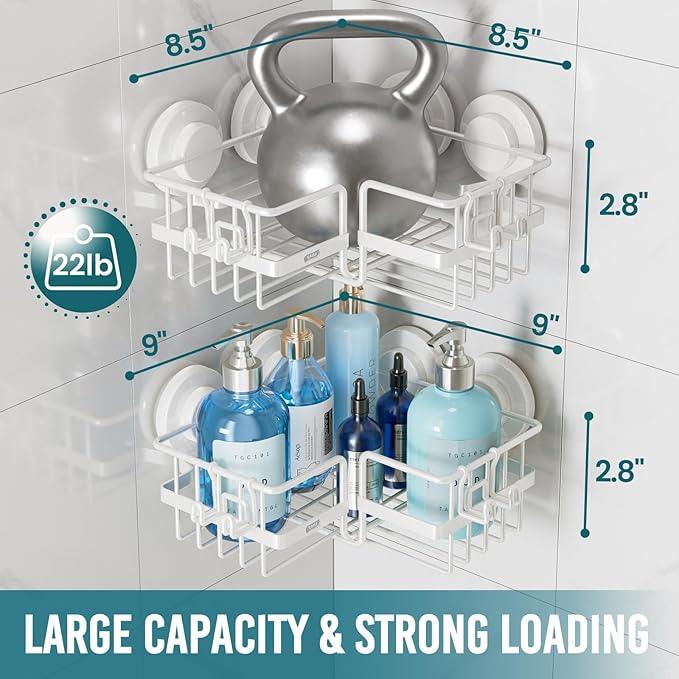 TAILI Corner-adaptive Suction Cup Shower Caddy 2 Pack, Stainless Steel Rustproof Corner Shower Shelves, Drill-Free Wall Mounted Baskets, Large Capacity Removable Suction Cup Bathroom Organizer, White - ModernBath