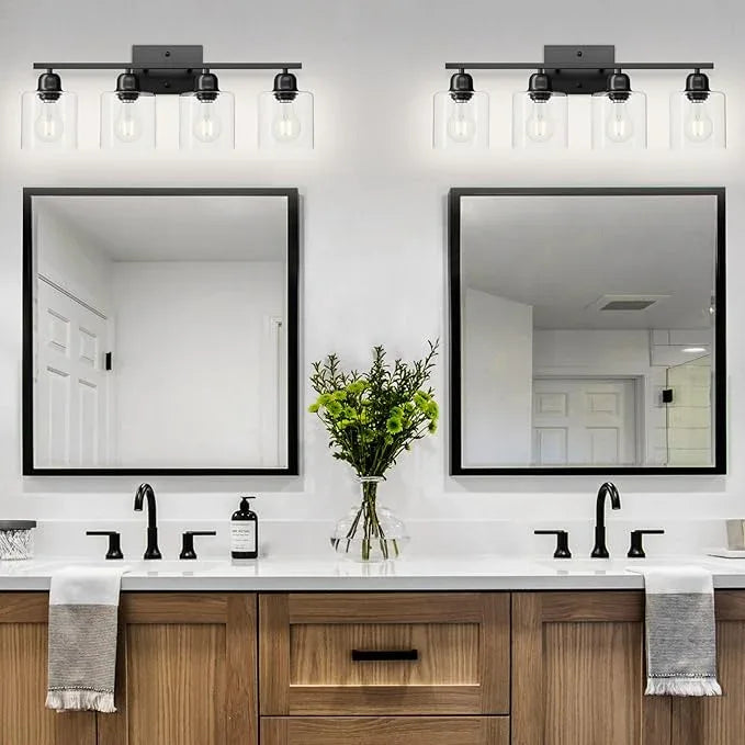 FAISHILAN Modern 4 Light Bathroom Light Fixtures, 24 inch Black Vanity Lights for Bathroom with Clear Glass, Bathroom Vanity Light for Mirror Kitchen Living Room Hallway Cabinet Porch - ModernBath