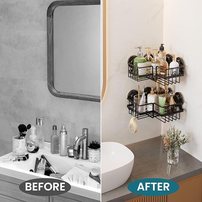 TAILI 2 Pack Corner-adaptive Suction Cup Shower Caddy, Stainless Steel Rustproof Corner Shower Shelves, Large Capacity, Removable Suction Cup Bathroom Organizer, Drill-Free Wall Mounted Baskets, Black - ModernBath