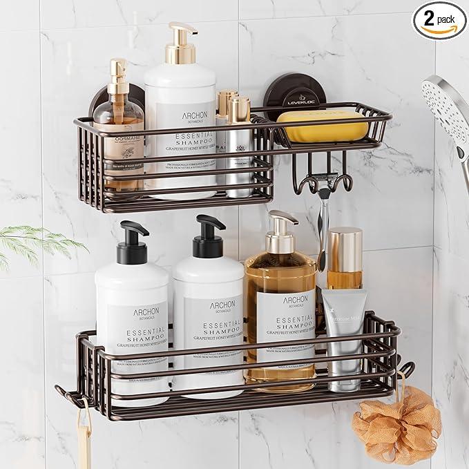LEVERLOC Shower Caddy Suction Cup, 2 Pack Shelves for Inside with Hooks and Soap Holder, NO-Drilling Bathroom Holder, Rustproof Meatl Bathroom Organizer, Brown - ModernBath