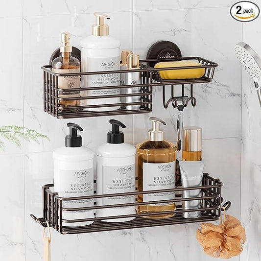 LEVERLOC Shower Caddy Suction Cup, 2 Pack Shelves for Inside with Hooks and Soap Holder, NO-Drilling Bathroom Holder, Rustproof Meatl Bathroom Organizer, Brown - ModernBath