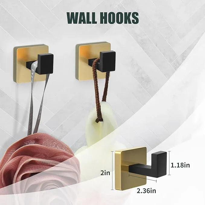 5 Piece Black and Gold Towel Bar Set - Gold and Black Bathroom Accessories with 2 Towel Hook, Stainless Steel Wall Mounted Bathroom Towel Rack Set - Square 16-Inch - ModernBath