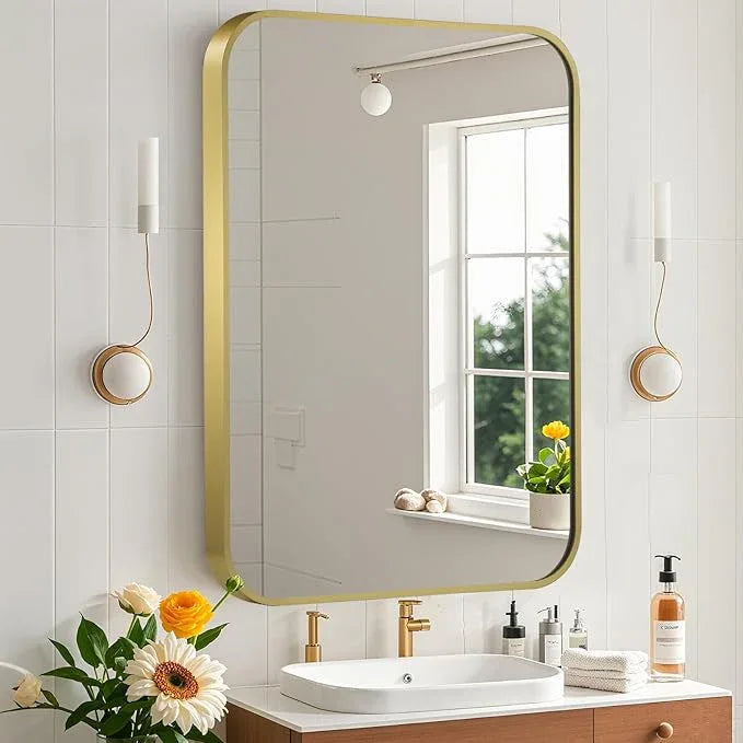 CLBA Matte Gold Mirror, 22x30 Inch Brushed Gold Mirror, Aluminum Alloy Framed Vanity Mirror, Rounded Rectangle Bathroom Mirror for Over Sink, Anti-Rust Wall Mirror (Horizontally or Vertically) - ModernBath