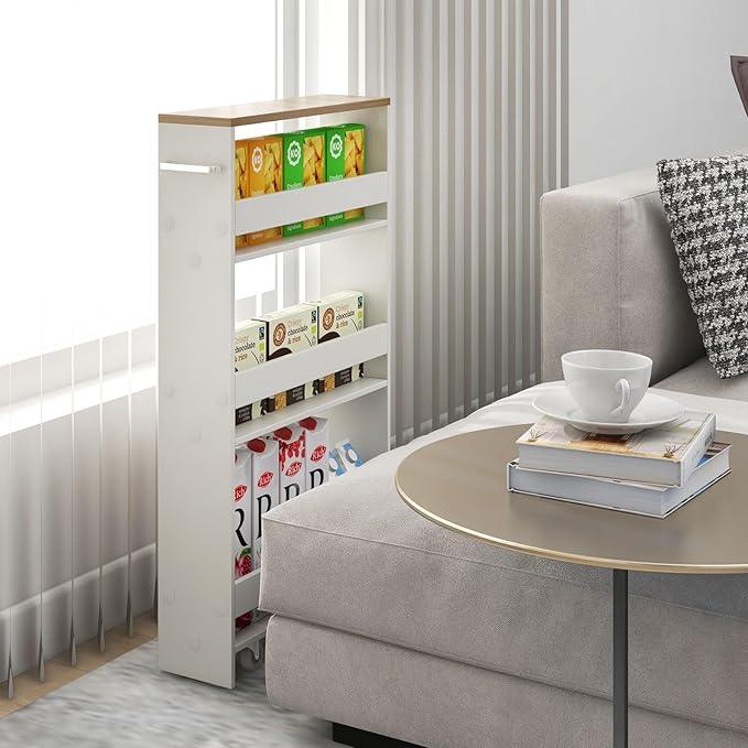 Giantex Slim Storage Cart 4 Tier, Rolling Side Cabinet w/Handle, Space Saving, Kitchen Utility Cart Tower Rack for Laundry Narrow Places (White & Brown) - ModernBath
