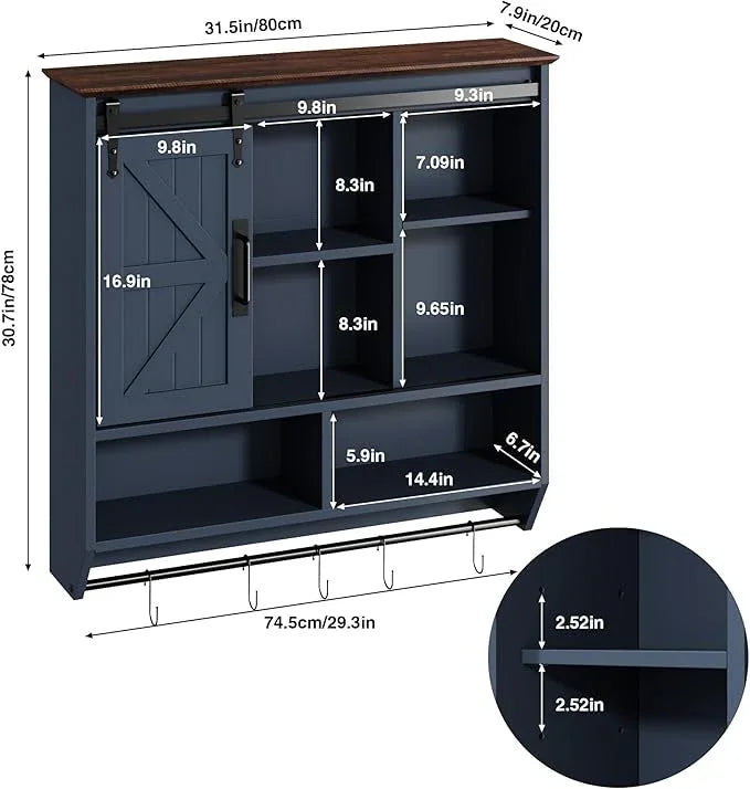 RUSTOWN Farmhouse Bathroom Wall Cabinet,3-Tier Rustic Wood Wall Mounted Cabinets,Vintage Medicine Cabinet with Sliding Barn Door and Adjustable Shelves,Over The Toilet Storage Cabinet (Navy Blue) - ModernBath