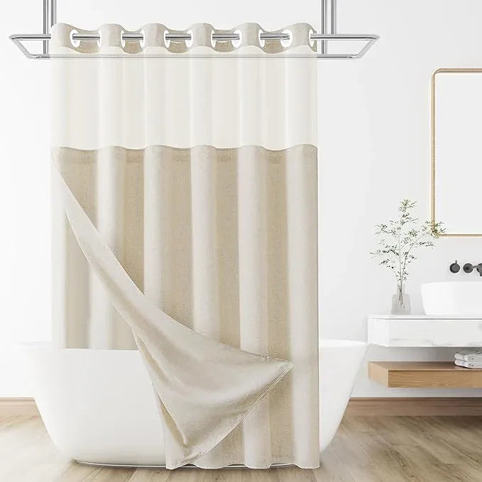 Jowels No Hooks Linen Textured Shower Curtain with Snap-in Fabric Liner Set,Beige Hotel Luxury Decor Shower Curtains for Bathroom with See Through Top Window,Water Resistant Fabric,71Wx74L,Cream - ModernBath