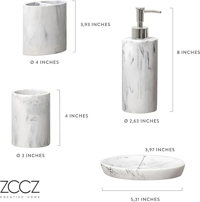 ZCCZ Bathroom Accessory Set, 4 Pcs Marble Look Bathroom Vanity Countertop Bathroom Décor Sets Accessories with Soap Dispenser, Toothbrush Holder Set, Tumbler, Soap Dish - ModernBath
