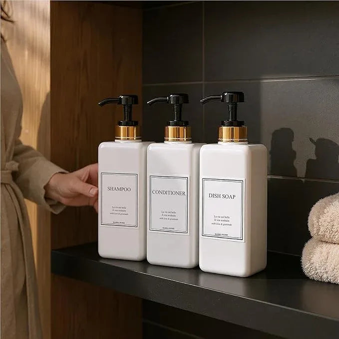 Shampoo and Conditioner Dispenser - Modern Gold Design Large 27oz Shower Soap Dispenser Set of 3, Refillable Empty Plastic Pump Bottles for Bathroom, 6 Waterproof Labels Included, Black - ModernBath
