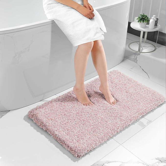 Yimobra Luxury Bathroom Rugs, Fluffy Bath Mats, Non Slip, Water Absorbent Microfiber, Machine Washable, Plush Carpet Shower Rugs, Thick Matts for Bathroom Floor&Tub, 44"x 24", Light Pink and White - ModernBath