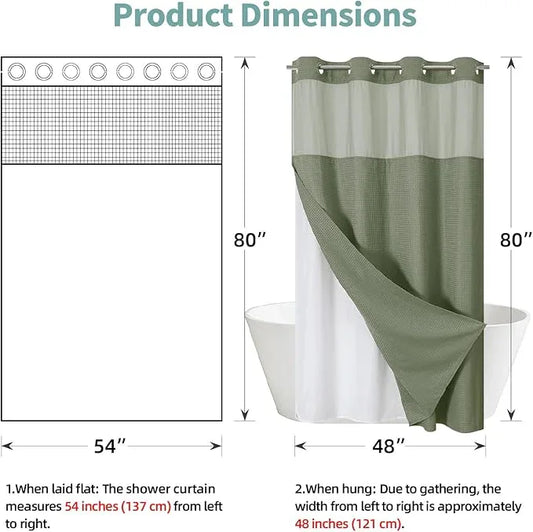 eachope Stall SageGreen No Hook Waffle Weave Shower Curtain with snap-in Liner Replacement, 230GSM Waterproof Fabric Hotel Shower Curtain Set for Bathroom, Through Mesh Top Window,54Wx80H - ModernBath