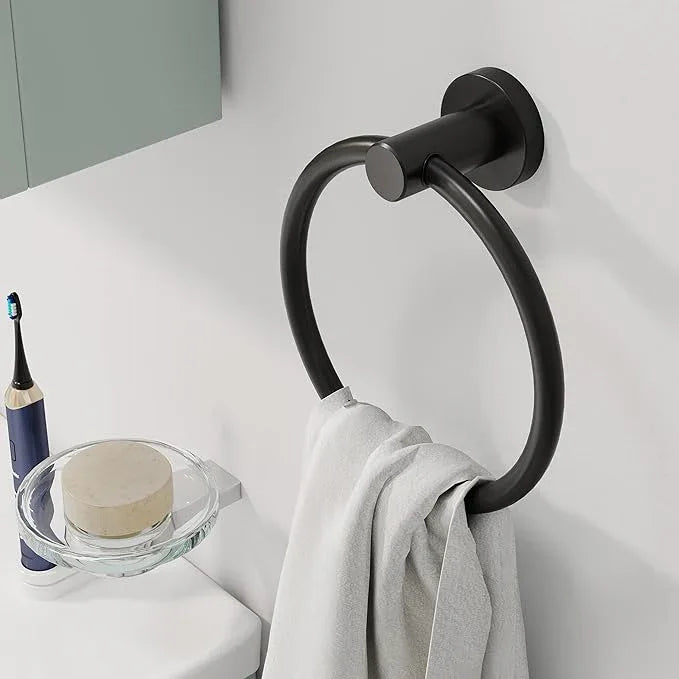 Matte Black Towel Ring, Hand Towel Holder for Bathroom Kitchen Modern Rounded Base Wall Mount SUS304 Stainless Steel - ModernBath